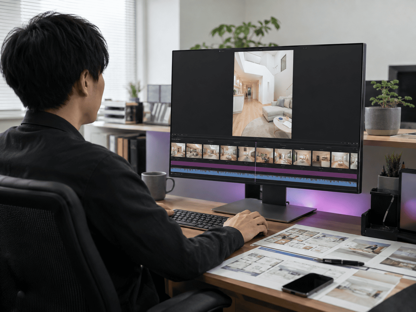 住宅の縦型ショート動画をパソコンで編集している様子
